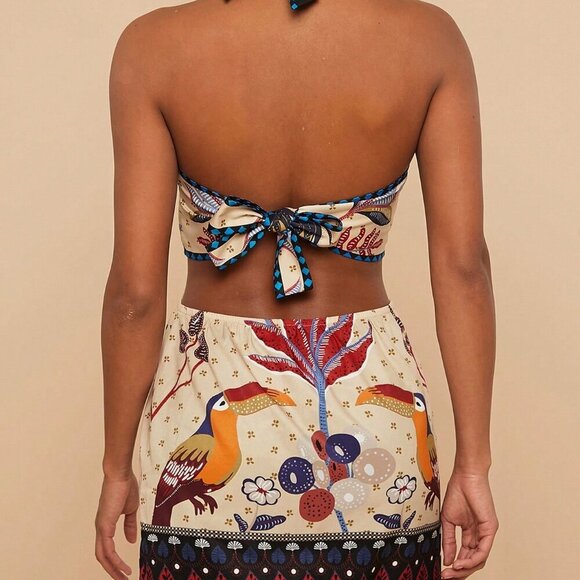 Multicolor Boho Women's Vacation Floral Print Short Halter Neck Casual Dress - Picture 3 of 5